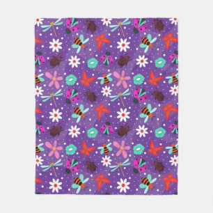 Colourful Insects and Flowers on a Purple Backgrou Fleece Blanket