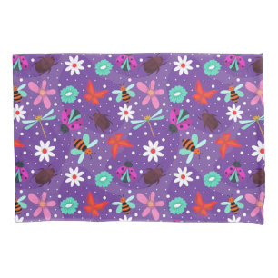 Colourful Insects and Flowers on a Purple Backgrou Pillowcase