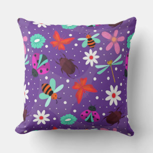 Colourful Insects Flowers Purple Room Cushion