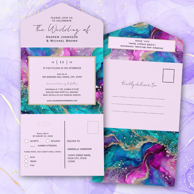 Colourful iridescent Abstract Art Fluid Wedding  All In One Invitation (Creator Uploaded)