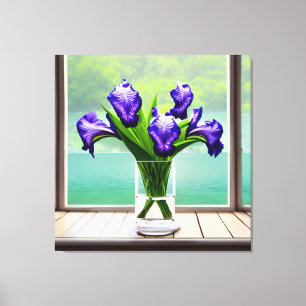 Colourful Iris Glass Vase by Window Canvas Print