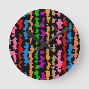 Colourful Irregular Abstract Design Black  Round Clock