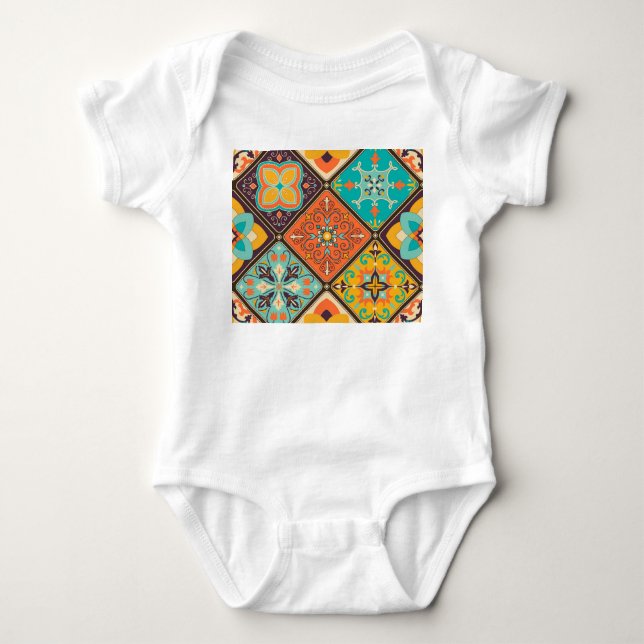 Colourful Islamic-inspired patchwork tile. Baby Bodysuit (Front)
