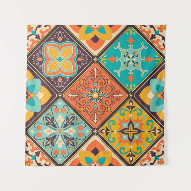 Colourful Islamic-inspired patchwork tile. Tapestry (Front)
