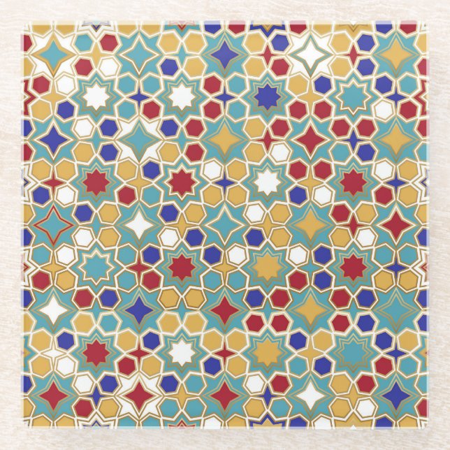 Colourful Islamic Mosaic Seamless Pattern Glass Coaster (Front)