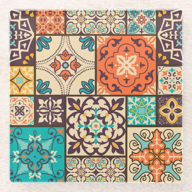 Colourful Islamic Patchwork: Vintage Tile. Glass Coaster (Front)