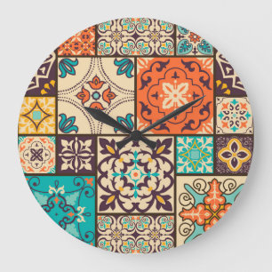 Colourful Islamic Patchwork: Vintage Tile. Large Clock
