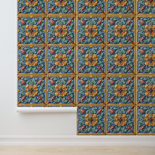 Colourful Italian Tile Pattern Wallpaper (Application)