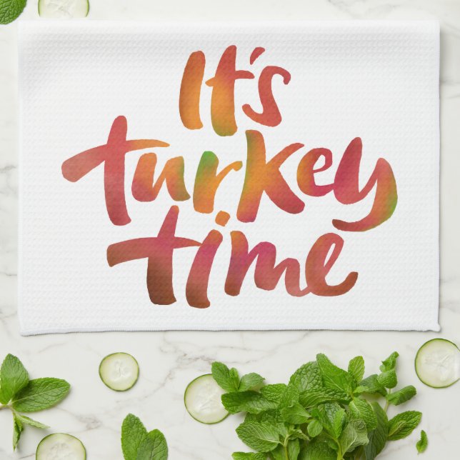 Colourful It's Turkey Time Thanksgiving Saying Tea Towel (Folded)