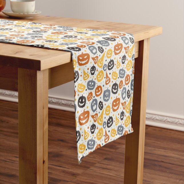 Colourful Jack-O'-Lantern Faces Pattern Short Table Runner (In Situ)
