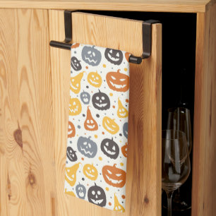 Colourful Jack-O'-Lantern Faces Pattern Tea Towel
