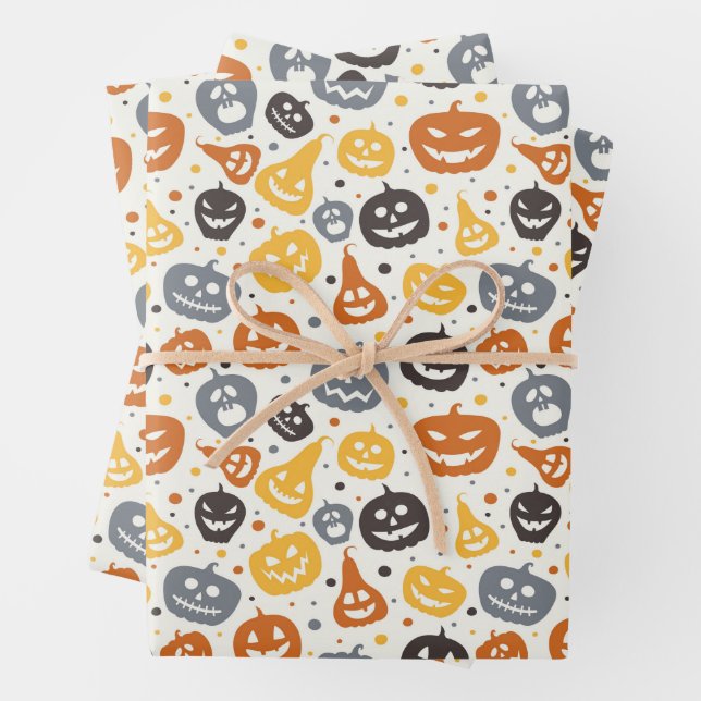 Colourful Jack-O'-Lantern Faces Pattern Wrapping Paper Sheet (In situ)