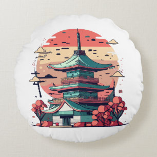 Colourful Japan Building Art Round Cushion