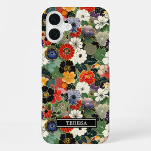 Colourful Japanese Floral Pattern Monogrammed iPhone 16 Plus Case