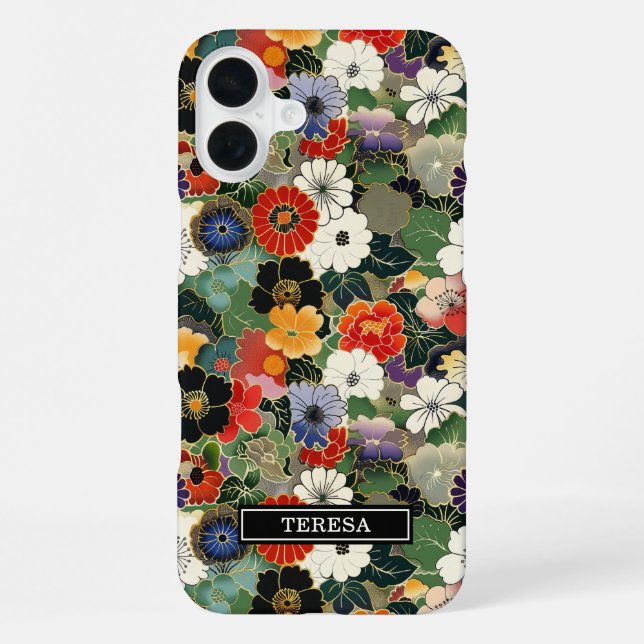 Colourful Japanese Floral Pattern Monogrammed iPhone Case (Back)