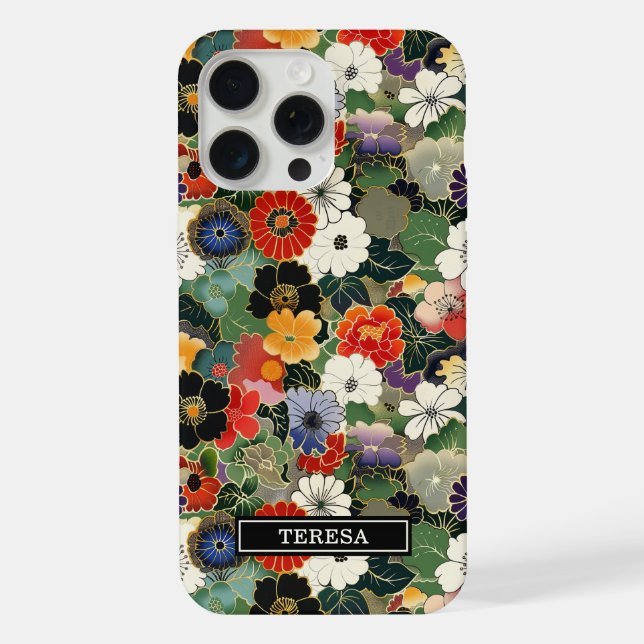 Colourful Japanese Floral Pattern Monogrammed iPhone Case (Back)
