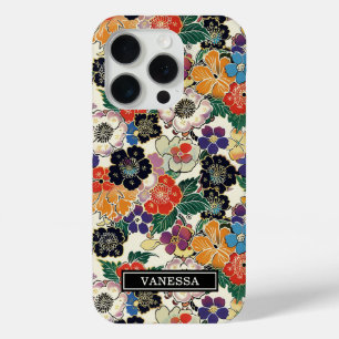 Colourful Japanese Flowers Monogrammed iPhone 15 Pro Case