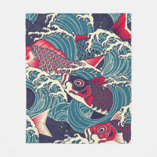Colourful japanese Koi/carp fish in the wave seaml Fleece Blanket