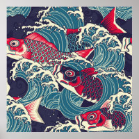 Colourful japanese Koi/carp fish in the wave seaml
