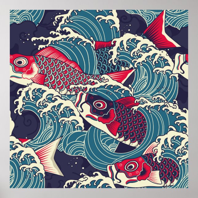 Colourful japanese Koi/carp fish in the wave seaml Poster (Front)