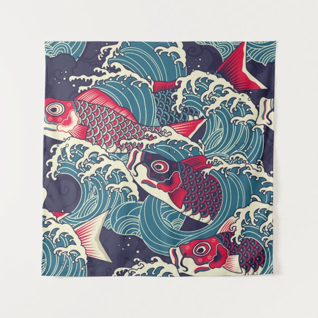 Colourful japanese Koi/carp fish in the wave seaml Tapestry (Front)