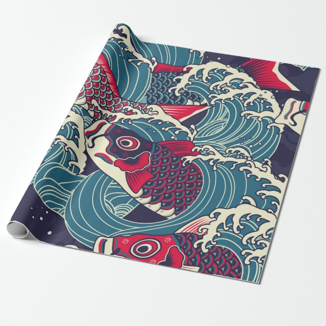 Colourful japanese Koi/carp fish in the wave seaml Wrapping Paper (Unrolled)