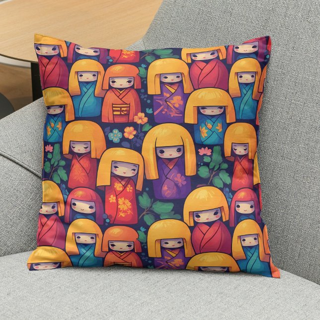 Colourful Japanese Kokeshi Dolls Pattern Cushion (Creator Uploaded)