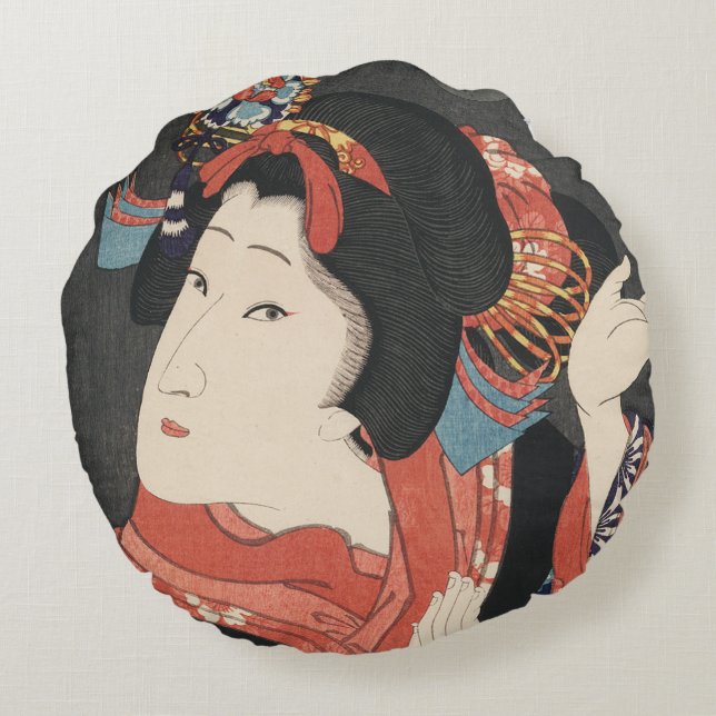 Colourful Japanese Woman Vintage Painting Round Cushion (Back)