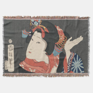 Colourful Japanese Woman Vintage Painting Throw Blanket