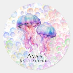 Colourful Jellyfish and Bubbles Girl Baby Shower Classic Round Sticker