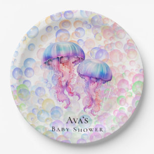 Colourful Jellyfish and Bubbles Girl Baby Shower Paper Plate