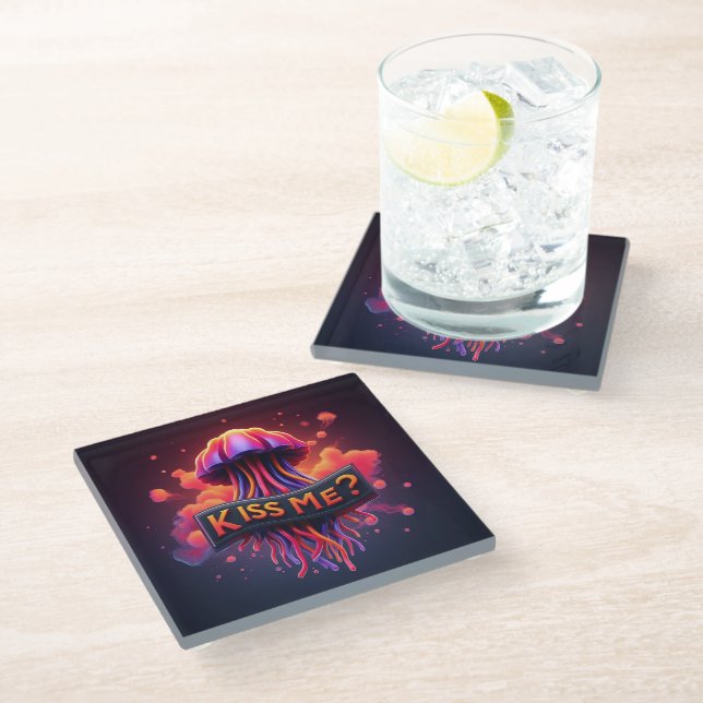 Colourful Jellyfish Illustration With Kiss Me Text Glass Coaster (Angled)