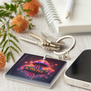 Colourful Jellyfish Illustration With Kiss Me Text Key Ring