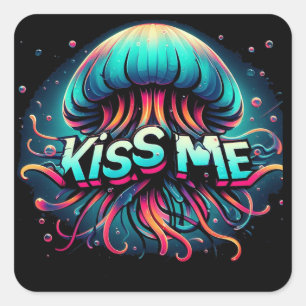 Colourful Jellyfish Illustration With Kiss Me Text Square Sticker