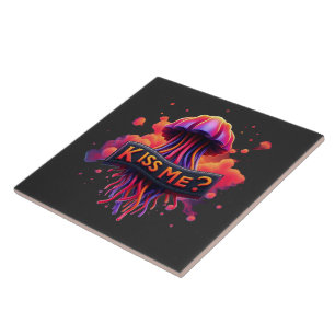 Colourful Jellyfish Illustration With Kiss Me Text Tile