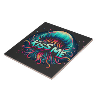 Colourful Jellyfish Illustration With Kiss Me Text Tile
