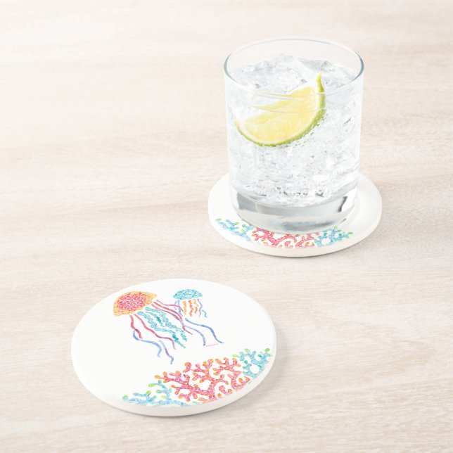 Colourful Jellyfish Sandstone Coaster (Side)