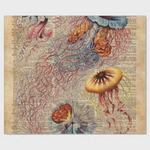 Colourful Jellyfish Sea Life Vintage Old Book Page Wrapping Paper