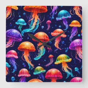 Colourful Jellyfish Square Wall Clock