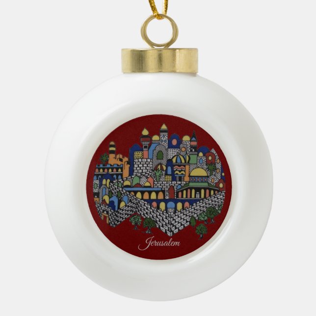 Colourful Jerusalem Ceramic Ball Christmas Ornament (Front)