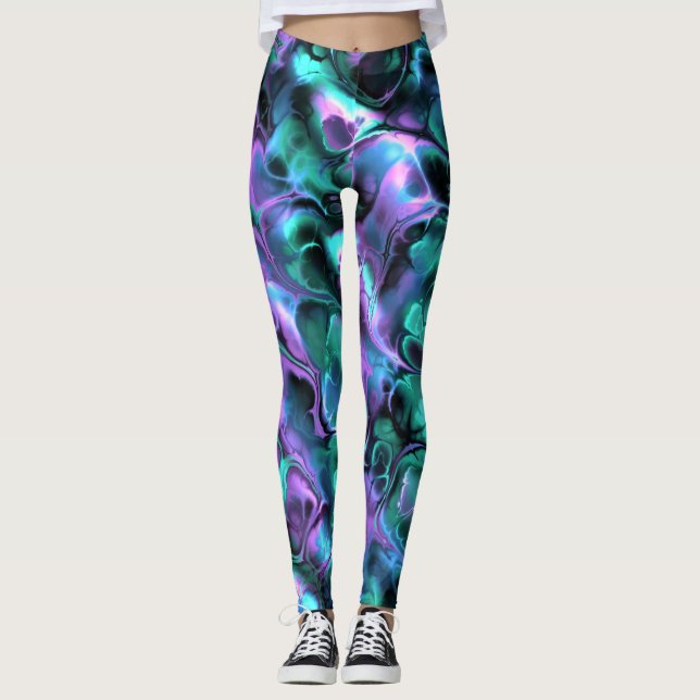 Colourful Jewel Tone Fractal Marble Abstract Art Leggings (Front)