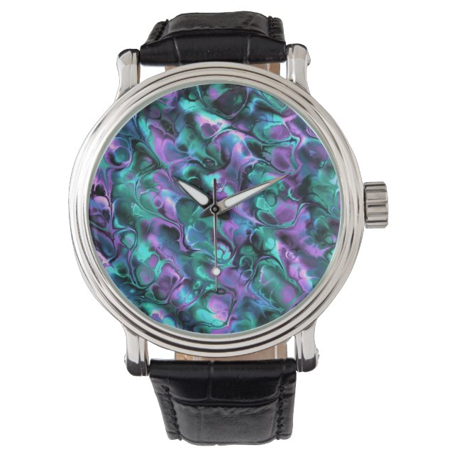 Colourful Jewel Tone Fractal Marble Abstract Art Watch (Front)