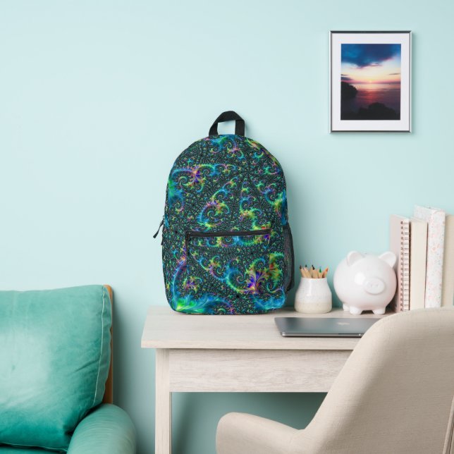 Colourful Jewel Tone Fractal Spiral Abstract Art Printed Backpack (Insitu)