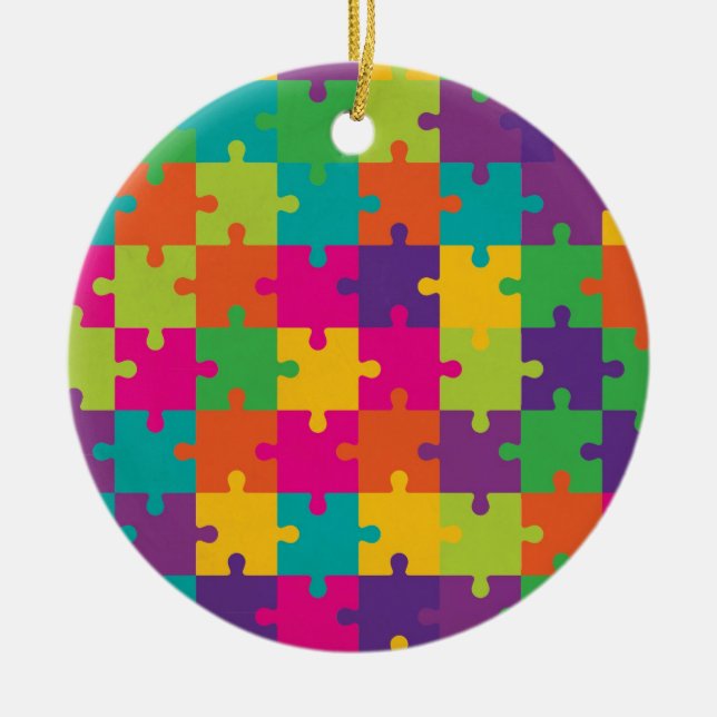 Colourful Jigsaw Puzzle Pattern Ceramic Tree Decoration (Front)