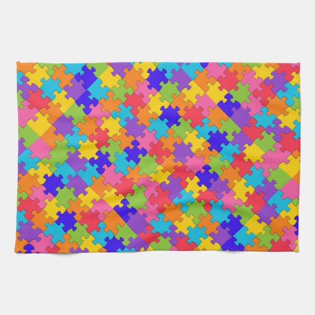 Colourful Jigsaw Puzzle Pieces Happy Puzzler Tea Towel (Horizontal)