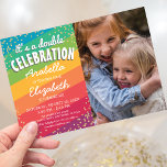 Colourful Joint Sibling Photo Birthday Party Invitation<br><div class="desc">Dive into a world of colour with our distinctive joint birthday invitations. Splashed with a vibrant rainbow background, these invites are further adorned with festive gold confetti to light up the party spirit. With a space for your own photos and an easily customisable template, these invitations effortlessly merge style with...</div>