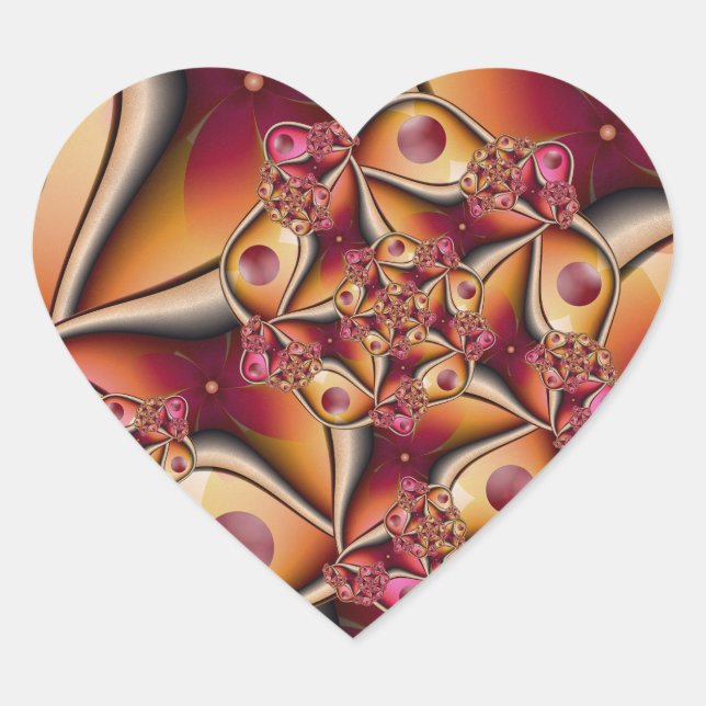 Colourful Joy Abstract Red Orange Fantasy Fractal Heart Sticker (Front)