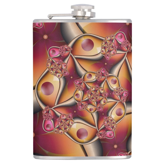 Colourful Joy Abstract Red Orange Fantasy Fractal Hip Flask (Front)