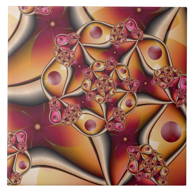 Colourful Joy Abstract Red Orange Fantasy Fractal Tile (Front)