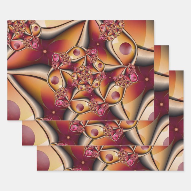 Colourful Joy Abstract Red Orange Fantasy Fractal Wrapping Paper Sheet (Set)